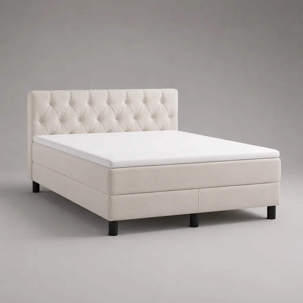 Letto boxspring matrimoniale 160 x 200 cm beige con rivestimento in poliestere, testiera capitonné, materasso e topper