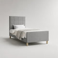 Letto singolo imbottito in tessuto grigio chiaro con testiera alta e rete a doghe, per materasso 90 x 200 cm, 101 x 212 x 120 cm