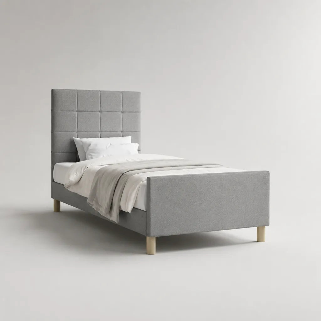 Letto singolo imbottito in tessuto grigio chiaro con testiera alta e rete a doghe, per materasso 90 x 200 cm, 101 x 212 x 120 cm