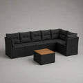 Set divano angolare da esterno a L 7 pezzi in polyrattan nero con cuscini antracite, 260 x 195 x 74 cm, tavolino 65 x 65 x 35 cm
