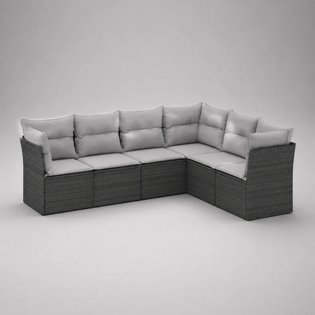 Divano angolare modulare da esterno, set 6 pezzi in rattan PE grigio antracite con cuscini grigio chiaro, 254 x 191 x 85 cm