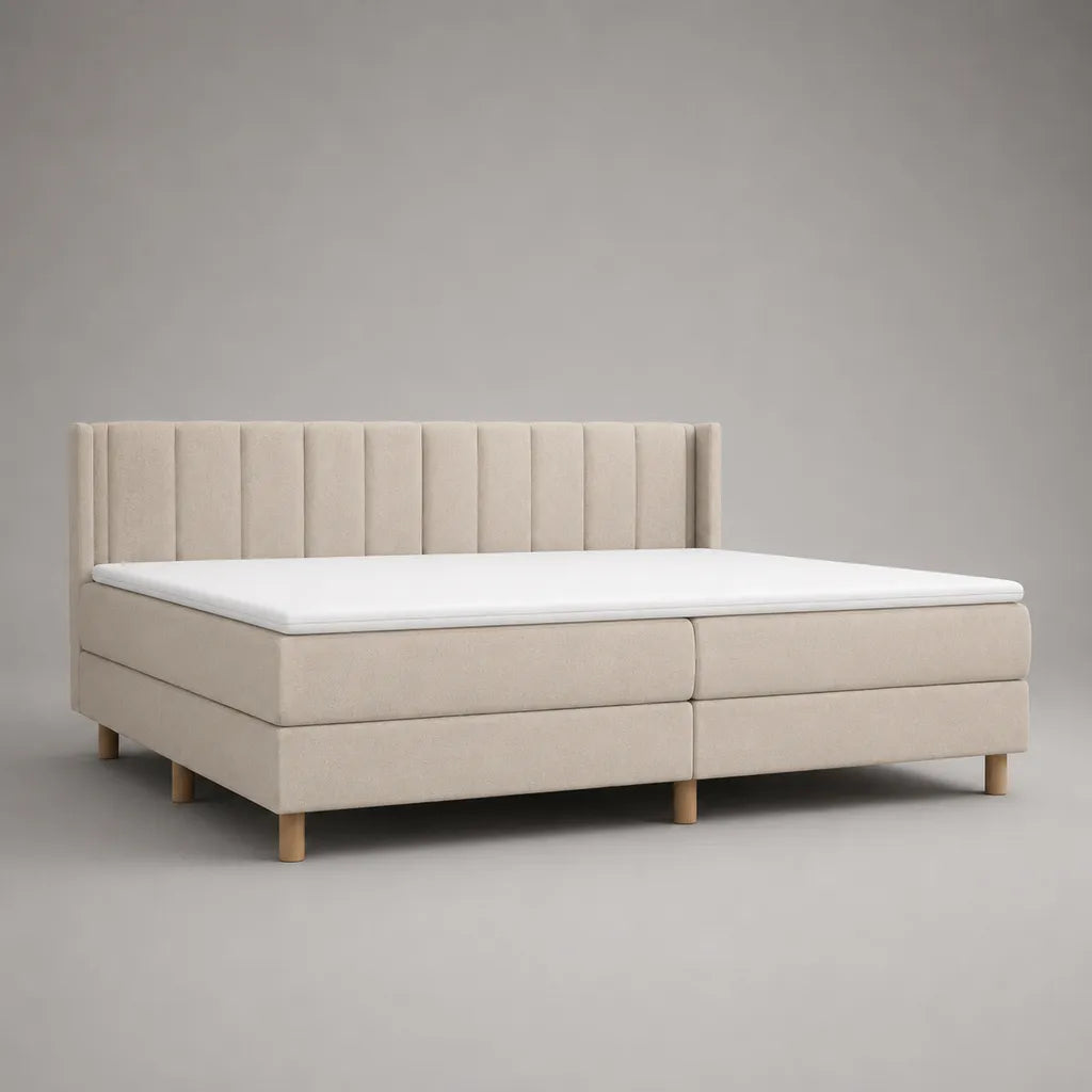 Letto continentale matrimoniale imbottito in poliestere beige 180 x 210 x 120 cm, superficie di riposo 160 x 200 cm, con testiera e topper