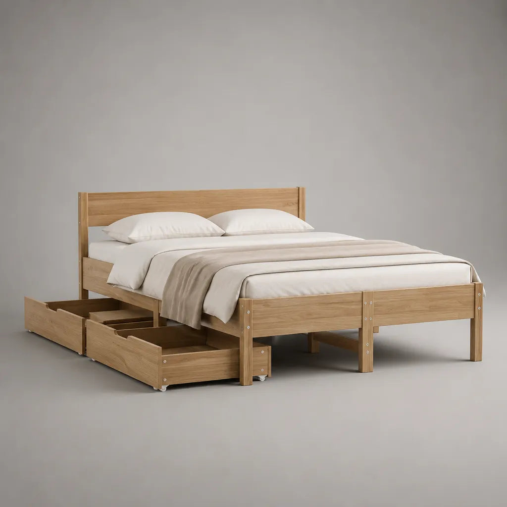 Letto matrimoniale in pino massello con 4 cassetti, rovere naturale, per materasso 180 × 200 cm, dimensioni 208 × 188 × 100 cm