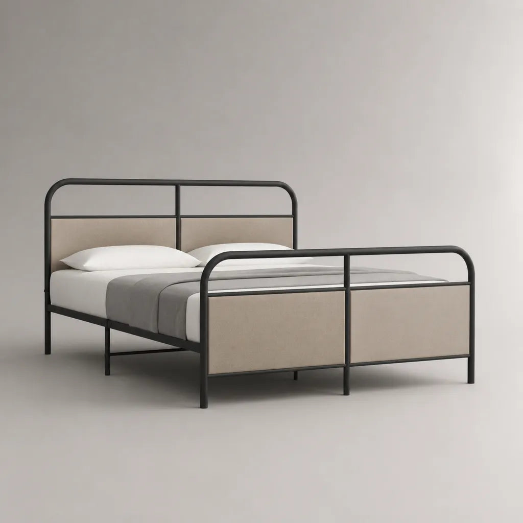 Letto matrimoniale 160 x 200 cm in acciaio nero con testiera e pediera in tessuto beige, 208 x 167 x 110 cm
