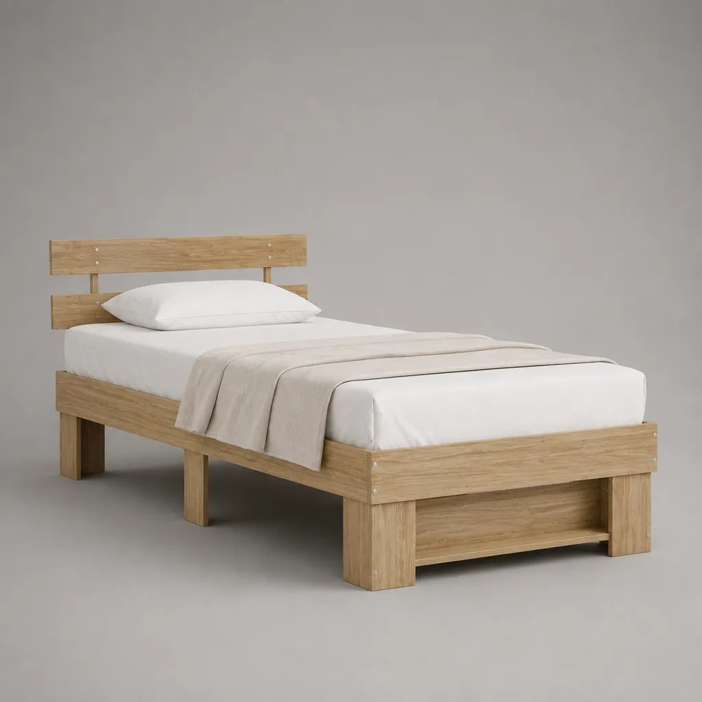 Letto singolo in legno massello con rete a doghe, rovere naturale, per materasso 90 x 200 cm, dimensioni 99 x 209 x 92 cm