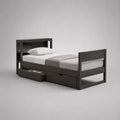 Letto singolo in legno marrone scuro 218 x 103 x 120 cm con rete 90 x 200 cm, 2 cassetti e testiera con ripiani