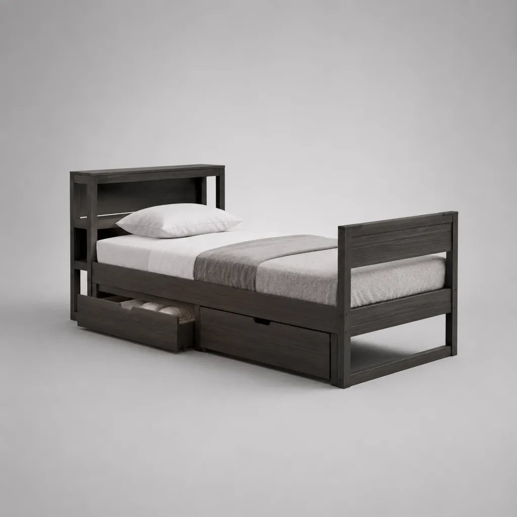 Letto singolo in legno marrone scuro 218 x 103 x 120 cm con rete 90 x 200 cm, 2 cassetti e testiera con ripiani