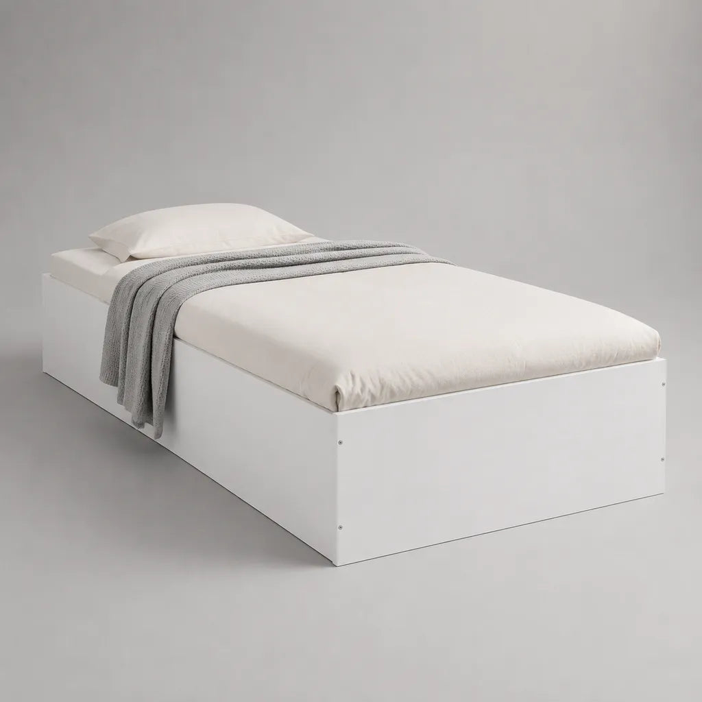 Letto singolo in legno bianco 90 x 200 cm con testiera bassa, 205 x 96 x 60 cm