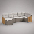 Set divano da giardino modulare a U a 6 posti in polyrattan PE, acciaio e legno massello di acacia, grigio, bianco e naturale, 330 × 140 × 72 cm