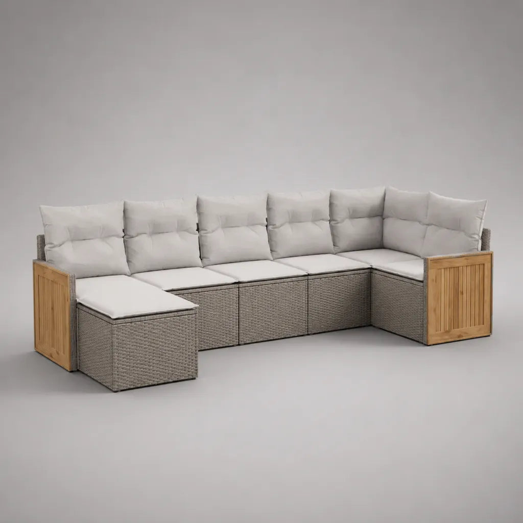 Set divano da giardino modulare a U a 6 posti in polyrattan PE, acciaio e legno massello di acacia, grigio, bianco e naturale, 330 × 140 × 72 cm