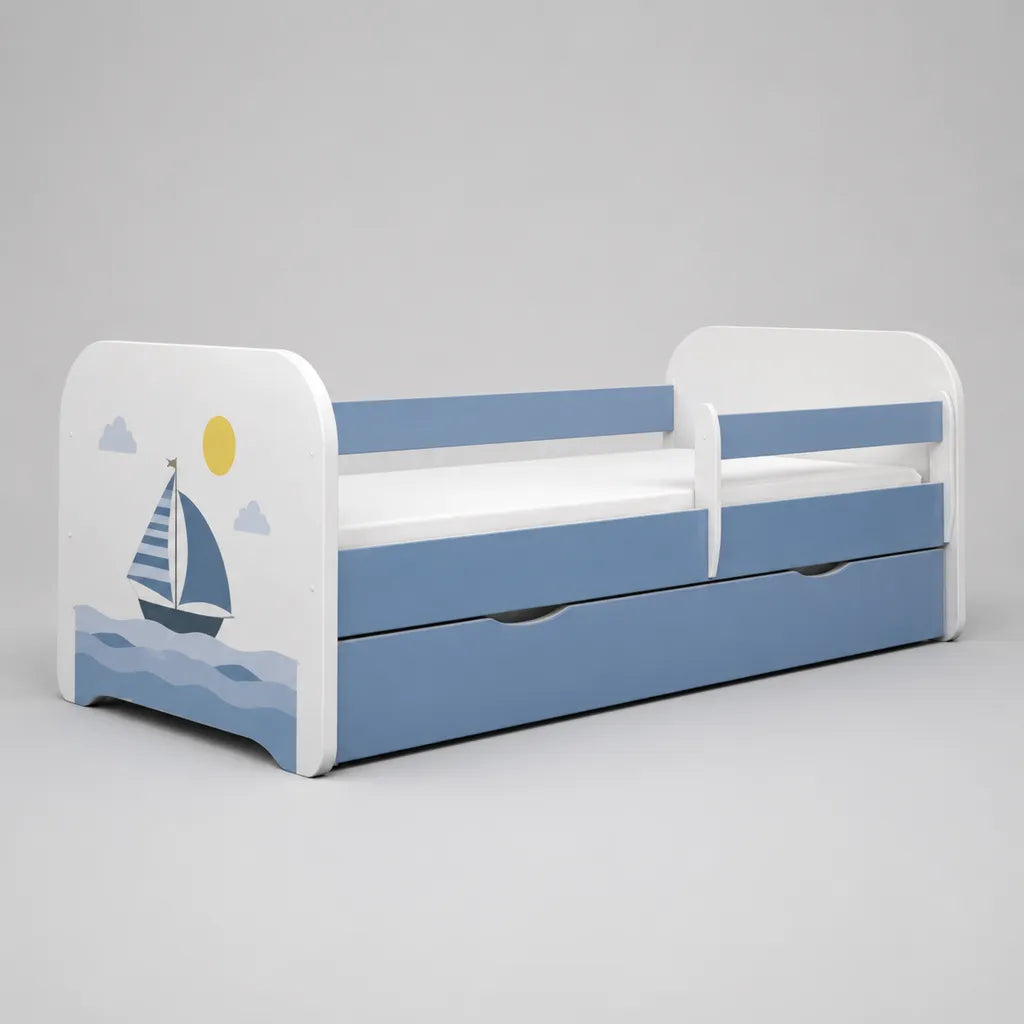 Letto per bambini 80 × 160 cm in legno MDF bianco e blu con sponde anticaduta e cassetto