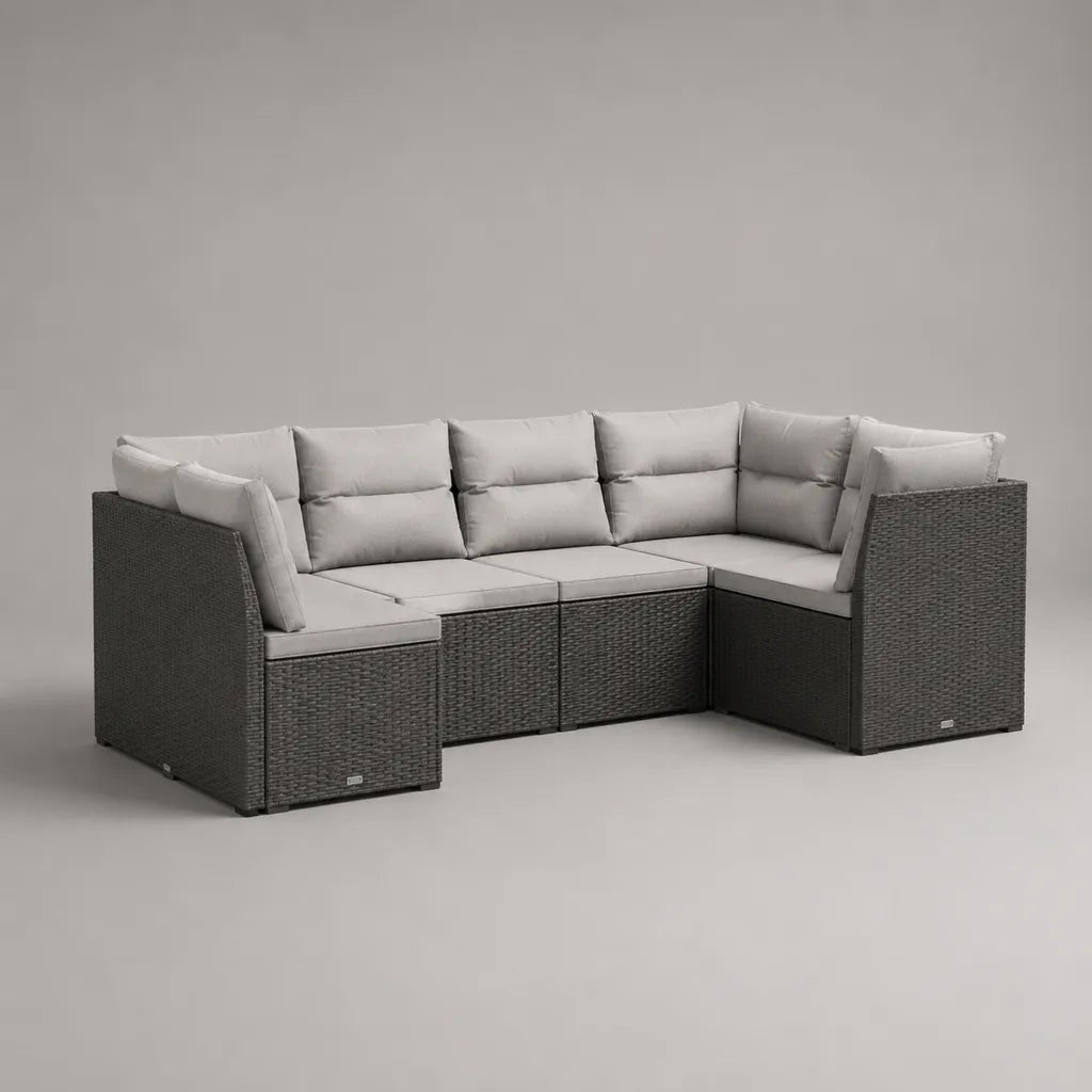 Set divano modulare da giardino a U, 6 pezzi in rattan sintetico grigio antracite con cuscini grigio chiaro, 243 × 174 × 73 cm