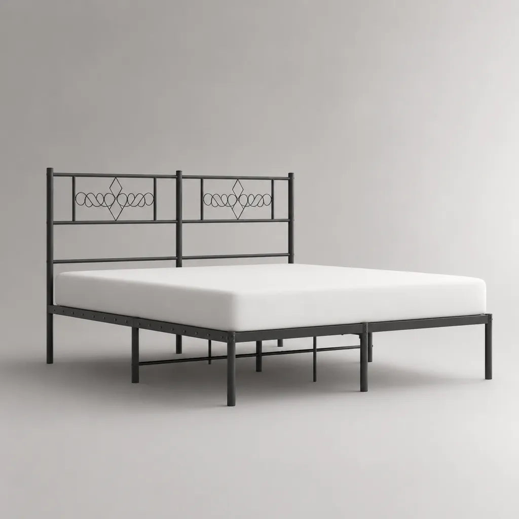 Letto matrimoniale in metallo nero per materasso 160 x 200 cm con testiera geometrica, 208 x 166 x 100 cm