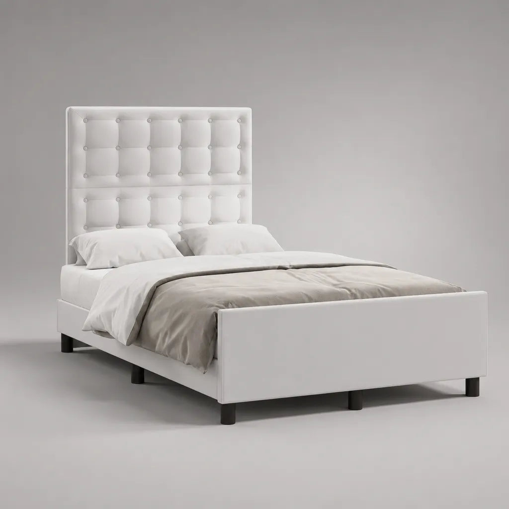 Letto matrimoniale imbottito in tessuto bianco con testiera trapuntata, per materasso 160 x 200 cm, dimensioni 169 x 215 x 135 cm