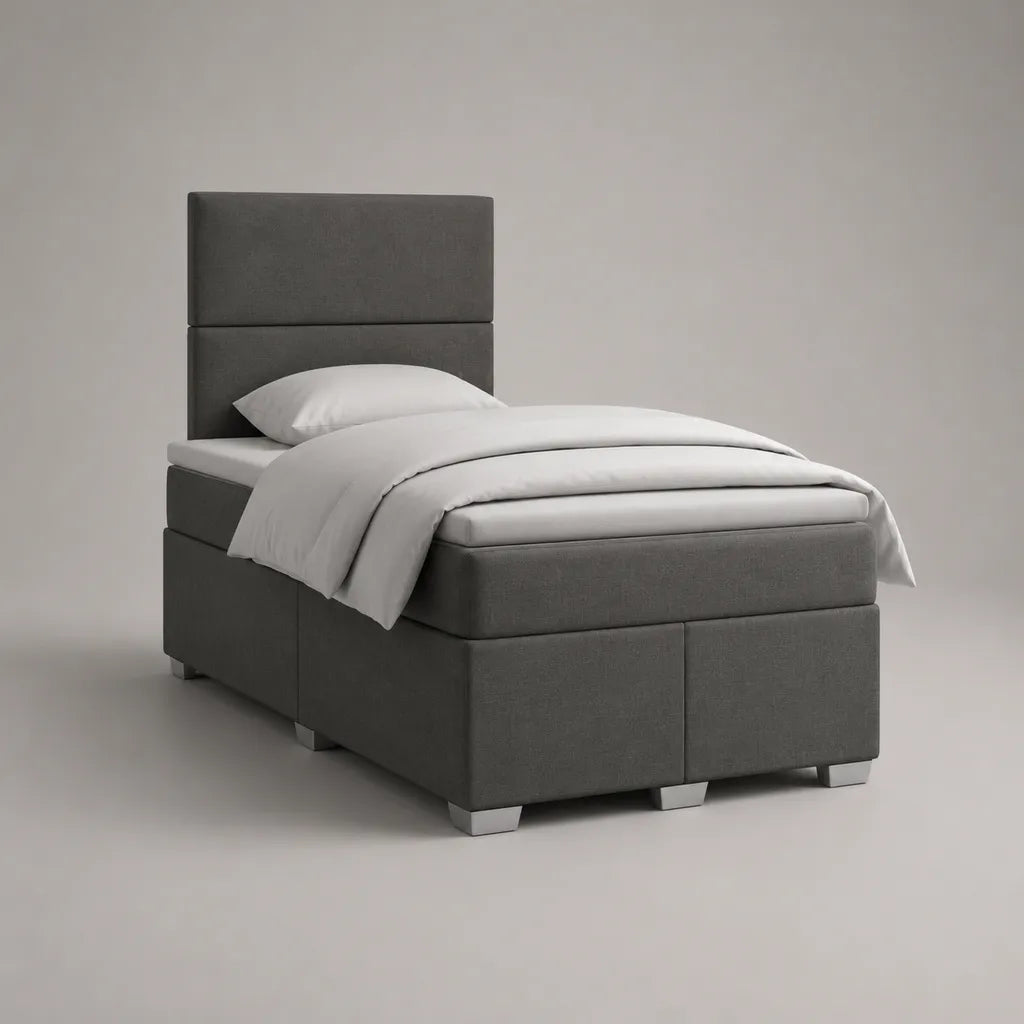 Letto boxspring singolo in poliestere grigio scuro 90 × 200 cm con testiera, materasso e topper