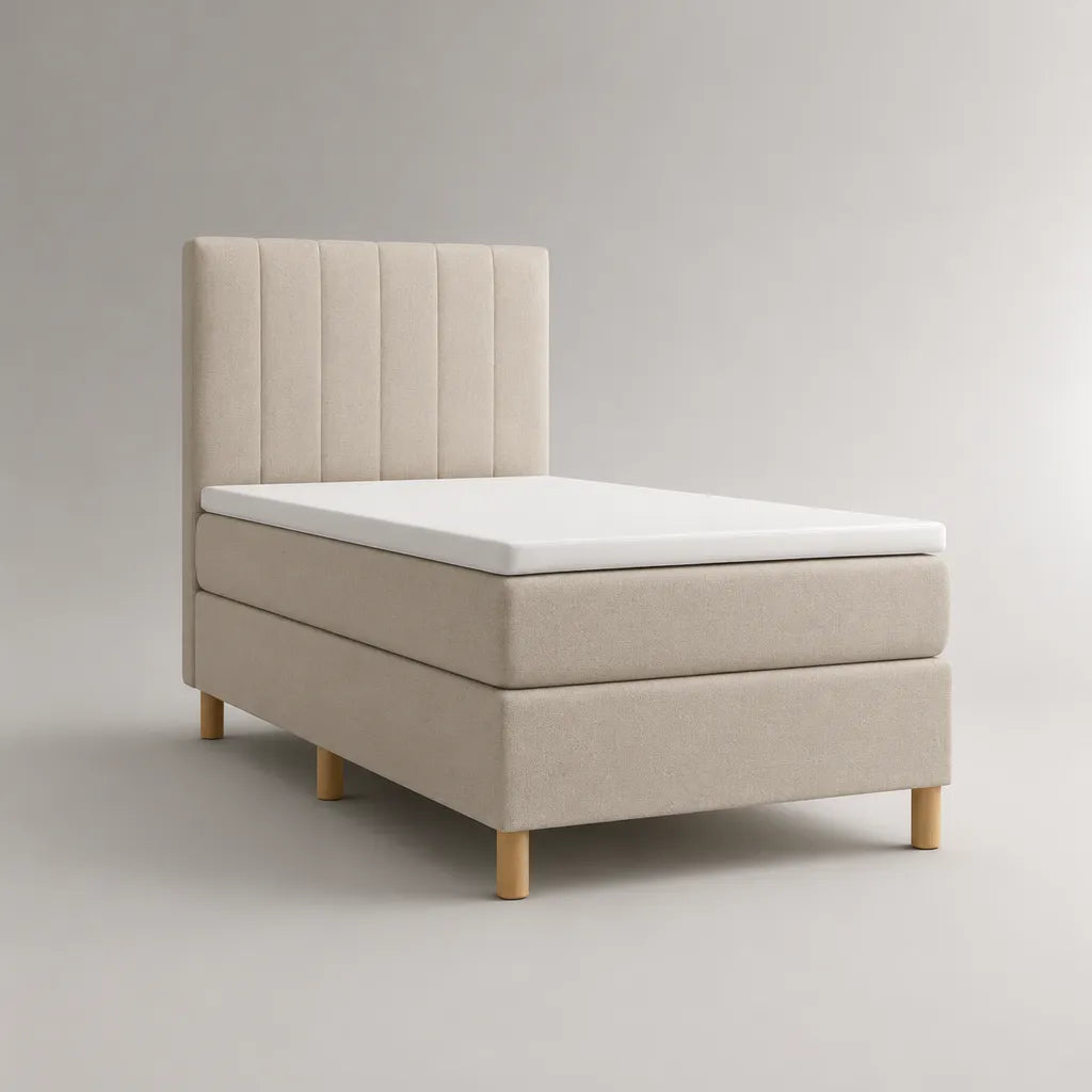 Letto singolo continentale in tessuto beige 100 x 210 x 120 cm, superficie di riposo 90 x 200 cm, con materasso, sovramaterasso e testiera imbottita