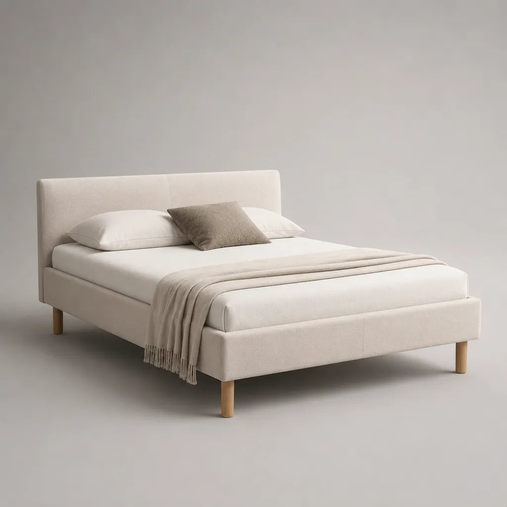 Letto matrimoniale imbottito 160 x 200 cm in tessuto effetto bouclé crema con testiera e rete a doghe