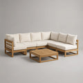 Set da giardino angolare a 5 posti in legno con cuscini beige e tavolino, 260 x 205 x 72 cm