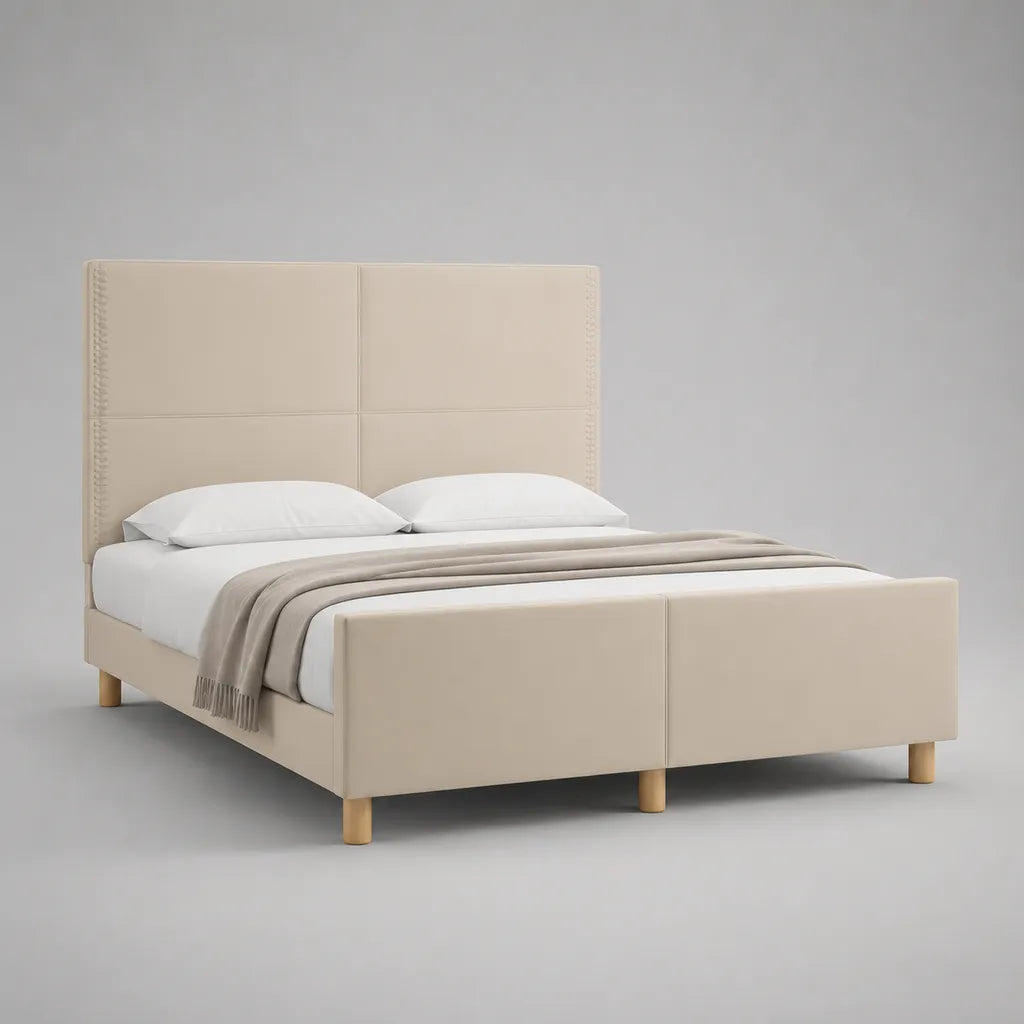 Letto matrimoniale imbottito in poliestere beige 171 x 216 x 120 cm, rete a doghe per materasso 160 x 200 cm