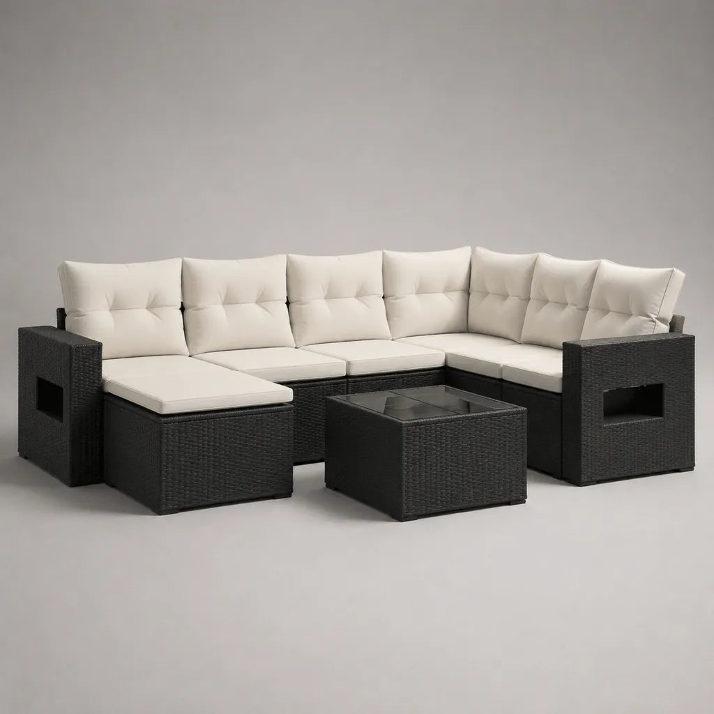 Set divano angolare modulare da esterno in polyrattan nero con cuscini crema, poggiapiedi e tavolino, 260 x 200 x 72 cm