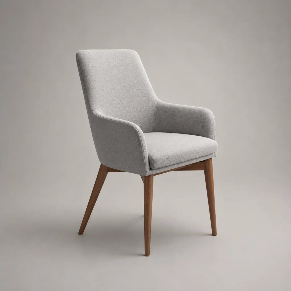 Sedia da pranzo con braccioli in tessuto grigio chiaro e gambe in legno, 61 × 63 × 89 cm