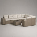 Set divano modulare da giardino a U 9 pezzi in polyrattan PE tortora con cuscini crema, 390 x 210 x 74 cm